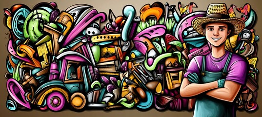 Happy farmer amidst colorful gardening tools and plants in doodle style.