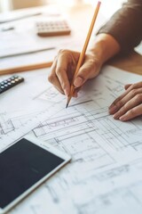 architect&rsquo;s workspace with blueprints, a hard hat, and measuring tools, representing planning, design, and construction.  precision, innovation, and the fundamentals of architecture