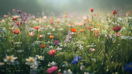 Wild flower meadow in spring. Generative AI.