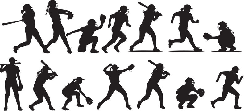 Diverse Female Softball Players in Action Silhouettes