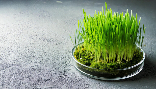 Grass and moss in a laboratory glass petri dish on hard grey counter surface
