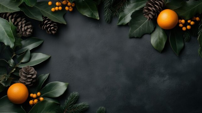 Dark botanical background with pinecones, oranges, green leaves and berries on black textured surface. Holiday season branding