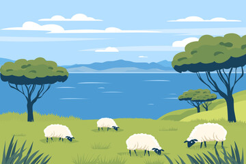 Sheep graze on a green meadow against the backdrop of a lake and mountains. Beautiful pasture with sheep on the shore of the sea or lake. Vector illustration of a landscape with sheep.