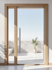 Polished glass door reflecting outdoor scene, modern minimalism