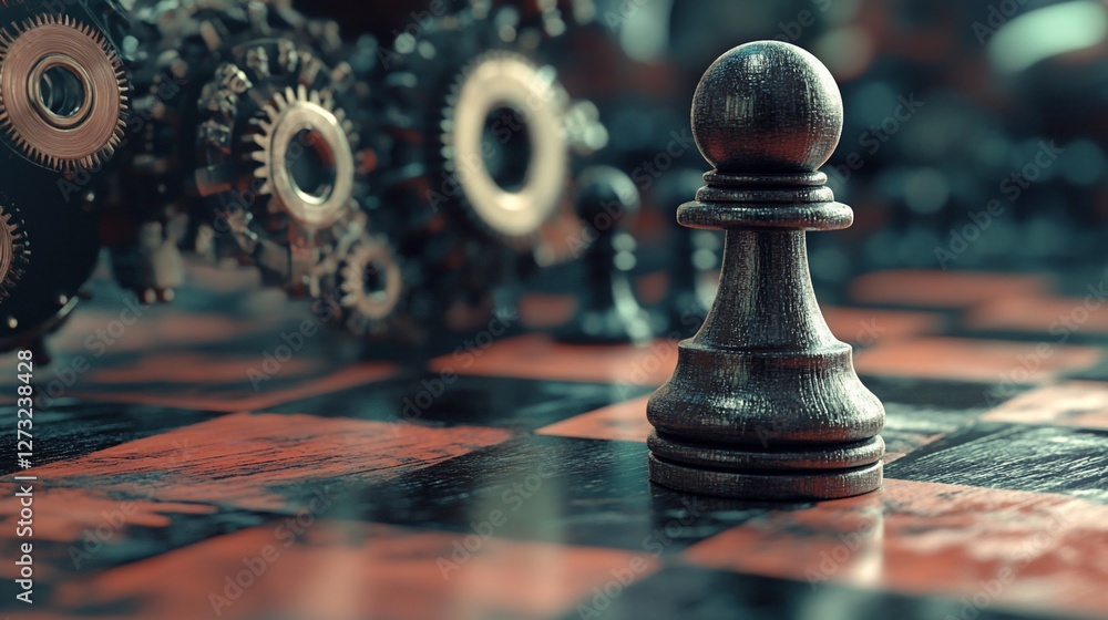 Poster close-up of a black chess pawn on a chessboard with metallic gears in the background.