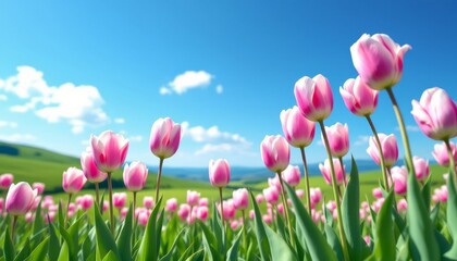 Obraz premium Pink tulips blooming in a sunny field
