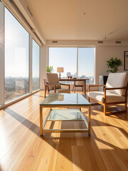 Fototapeta premium Luxury modern penthouse living room with sunlight reflection, elegance