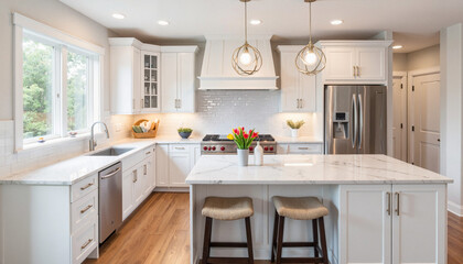 Fototapeta premium Elegant luxury kitchen renovation with marble countertops, modern design