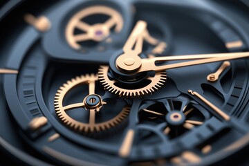 Macro view of mechanical watch gears with golden details in motion. Precision and time management concept