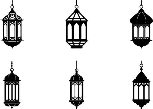 Set of Islamic lantern silhouette vector illustration, Arabic hanging lamps, Ramadan Kareem, Eid decoration, traditional Muslim lights, vintage ornate lamp design.