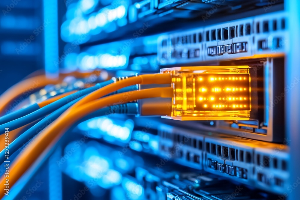 Poster close-up of fiber optic cables connected to a network switch in a server rack.