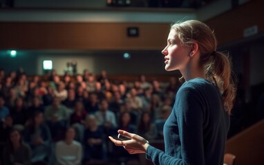 A confident young woman gives a presentation on stage in front of a large audience in a lecture hall.