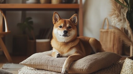 Shiba Inu Sitting Comfortably on a Cushion in a Warm and Cozy Home Setting
