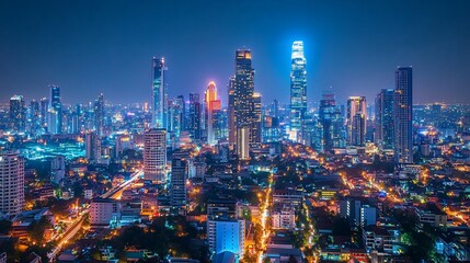 Naklejka premium Majestic cityscape at night featuring vibrant lights and towering skyscrapers against a dark sky