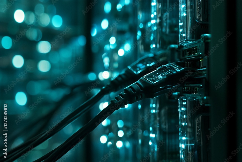 Poster close-up of network cables connected to a server in a data center with bokeh lights in the backgroun