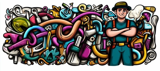 Handyman amidst colorful tools and supplies.