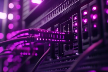 Obraz premium Close-up of server rack with cables and glowing purple lights.