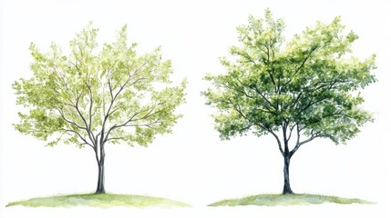 Fototapeta premium Set of watercolor green tree isolated on white background for landscape and architecture drawing, elements for environment and garden, botanical for section in spring.