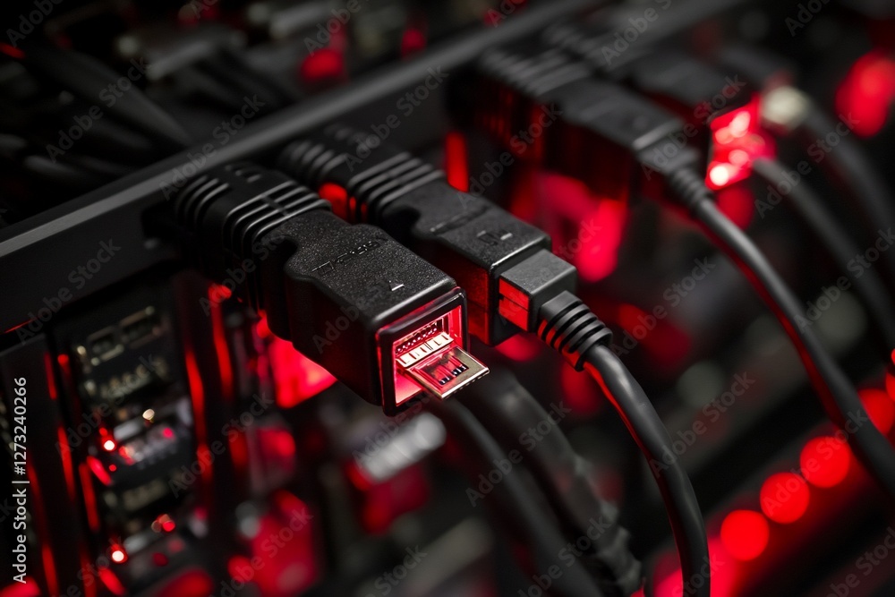 Poster close-up of multiple black hdmi and mini-displayport cables plugged into a server rack with red ligh
