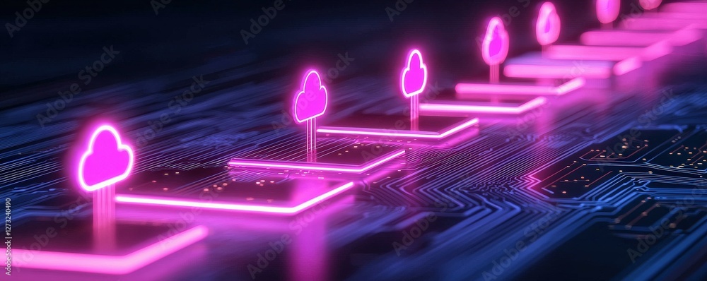Poster customer experience interaction data concept. neon cloud icons on a digital circuit board background