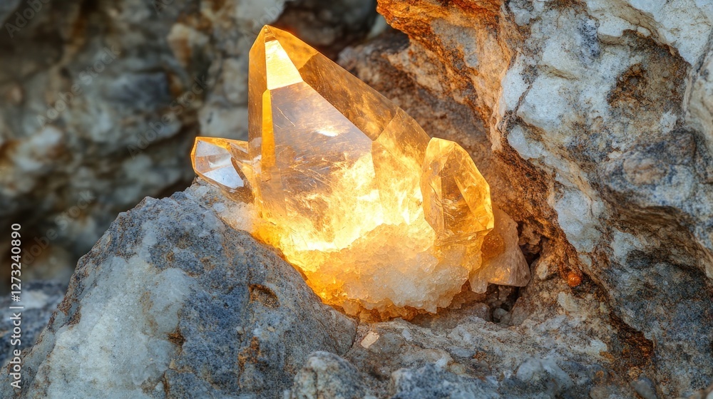 Poster luminous citrine crystal cluster embedded in rock