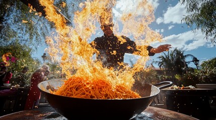 Chef flambés noodles in a wok, fiery flames engulfing the dish.
