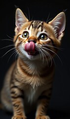 Obraz premium A playful, adorable kitten with striking stripes, showcasing a curious expression against a dark background, perfect for pet-related marketing and branding.