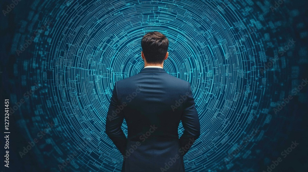 Poster customer experience interaction data concept. a businessman contemplating a digital data visualizati