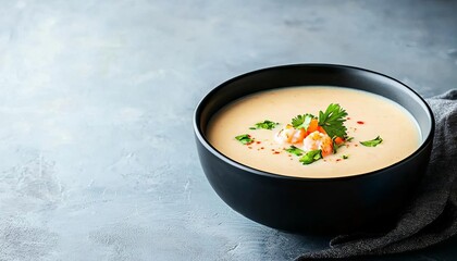 Delicious creamy soup served in a black bowl with fresh herbs and spices.