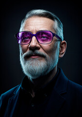 Obraz premium Portrait of an older man with a futuristic style, wearing sleek purple glasses and a confident expression, set against a moody lighting backdrop.