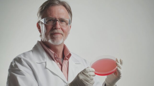 A scientist in a white lab coat and safety gloves, holding a petri dish, posed against a white background.