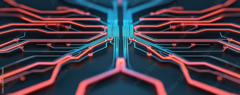 Poster customer experience interaction data concept. futuristic circuit board with glowing blue and red lin