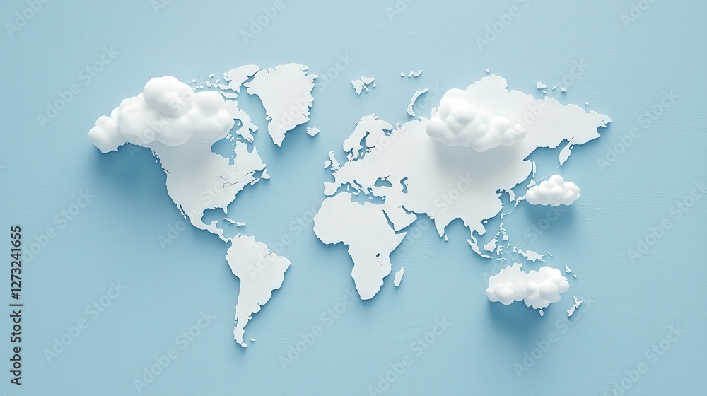 Poster customer experience interaction data concept. world map created with white clouds on a blue backgrou
