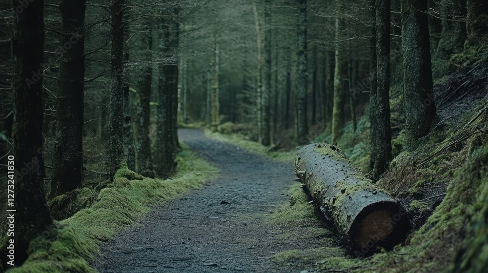Poster Forest path with moss covered logs and many trees