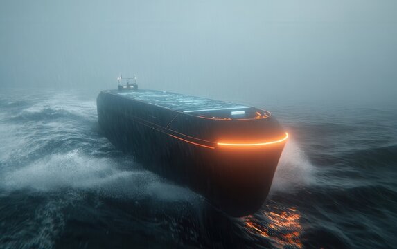 An autonomous cargo ship traveling through a storm, with AI-controlled systems ensuring safety and route adjustments. 