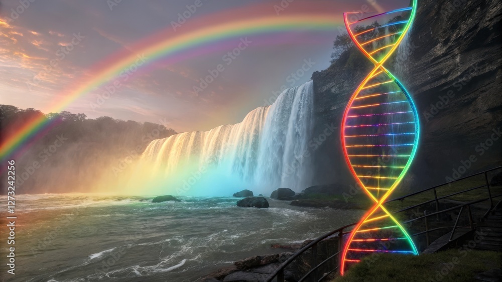 Sticker DNA Helix in a Rainbow Waterfall