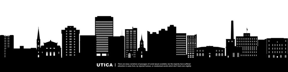 Fototapeta premium Panoramic View of Downtown Utica Skyline. Utica city black silhouette skyscrapers and buildings. Long cityscape.