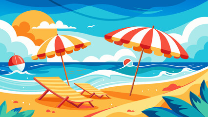 Relaxing Beach Day with Umbrellas and Lounge Chairs Tropical Coast Illustrative Art Sunny Environment Vibrant Viewpoint Vacation Concept