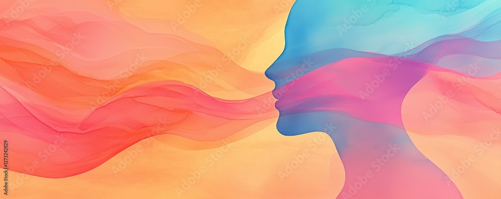 Poster customer experience interaction data concept. colorful abstract depiction of two faces in profile wi