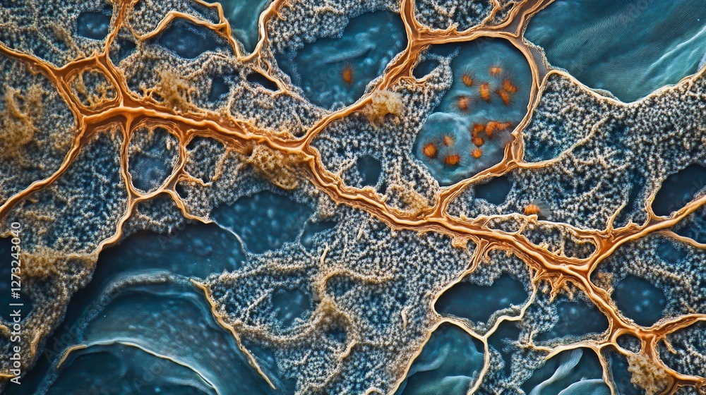 Poster microscopic view of intricate network with orange veins and blue-green background, showing complex t