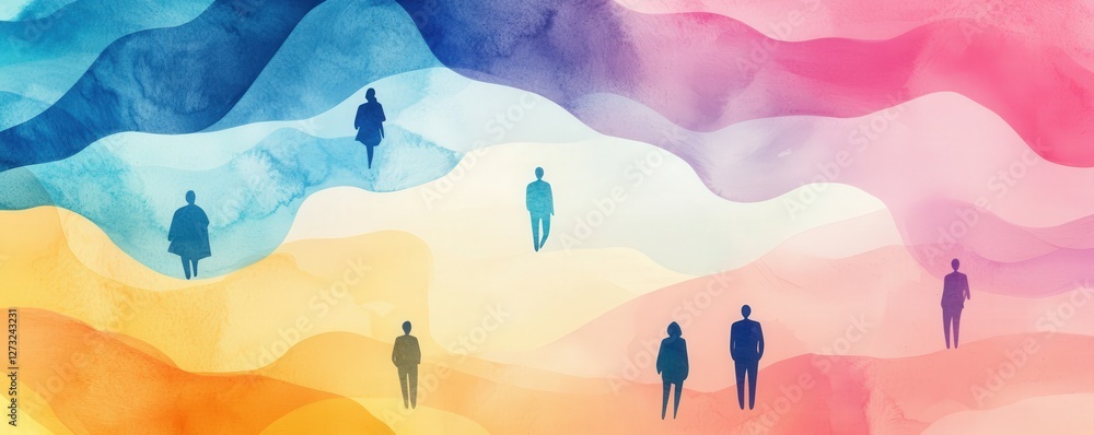 Poster customer experience interaction data concept. abstract gradient with silhouettes of people in vibran
