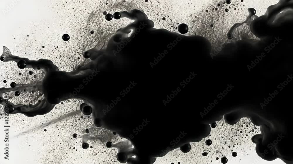 Poster fluid black ink splashes across a white background creating an abstract artistic effect with dynamic