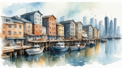Fototapeta premium Watercolor painting of a tranquil waterfront with boats and colorful buildings reflecting in the water alongside modern skyscrapers