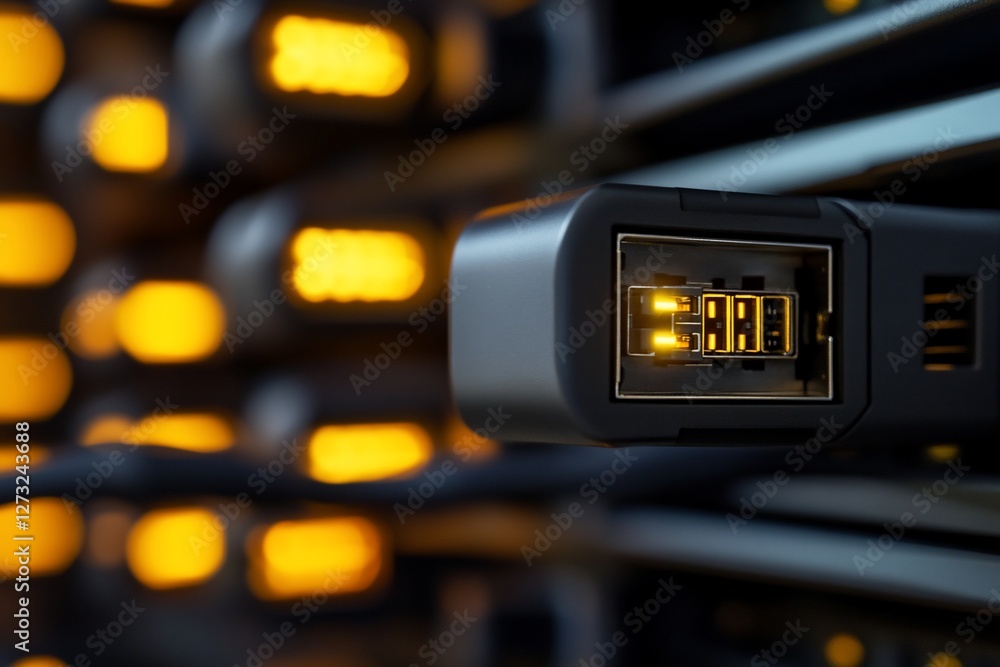 Poster close-up of illuminated data connector in server rack.