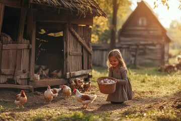 Farmer holds fresh eggs and a chicken, symbolizing sustainable farming and organic food.  essence of ethical agriculture, eco-friendly living, and local farm production
