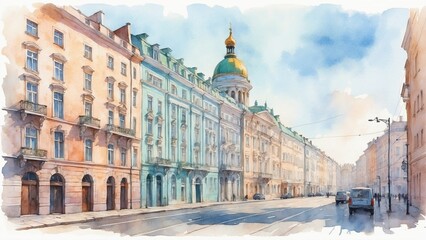 Obraz premium Watercolor painting of a street view in St. Petersburg featuring classic architecture and a dome 