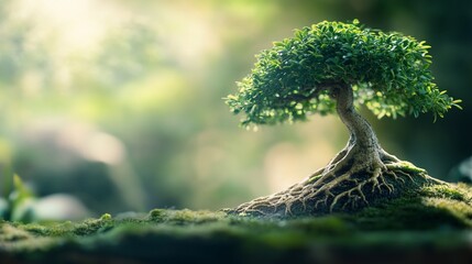 Fototapeta premium Small tree with exposed roots on moss, sunlit background.