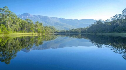 Fototapeta premium A serene lake with perfectly mirrored water reflecting the surrounding trees and mountains