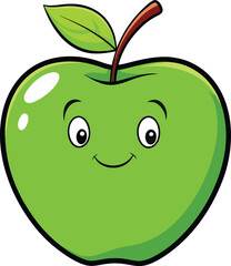 Green apple cartoon vector illustration with a playful face, vibrant design, featuring a cute and fresh look, perfect for fruit-themed artwork, educational materials, and healthy concepts.