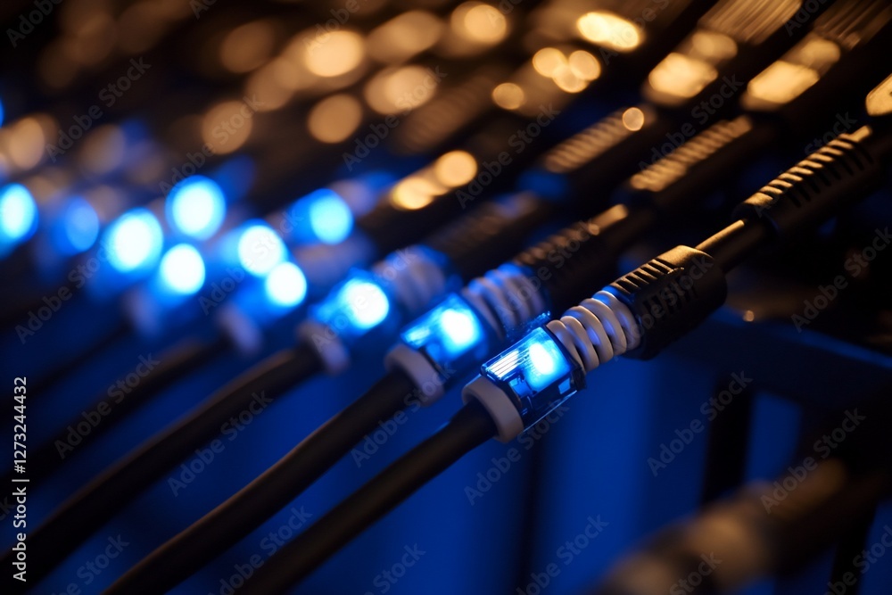 Poster close-up of illuminated data cables connected to server.